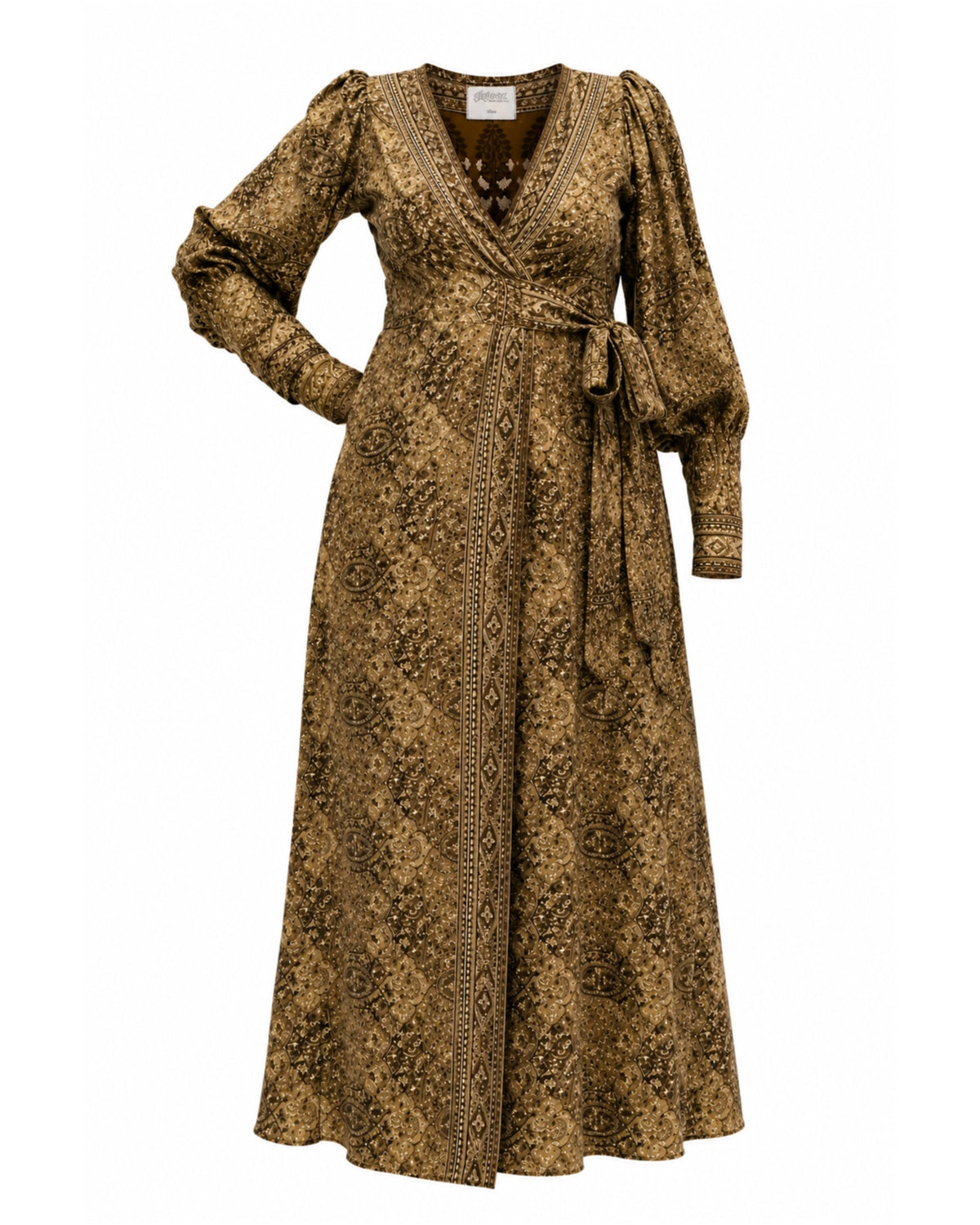 Daria Wrap Maxi Dress in brown, sleeve raised